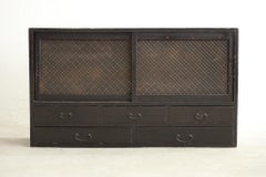 Japanese antique cabinet with wooden lattice doors, Wabi Sabi, Japandi