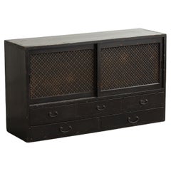 Japanese antique cabinet with wooden lattice doors, Wabi Sabi, Japandi