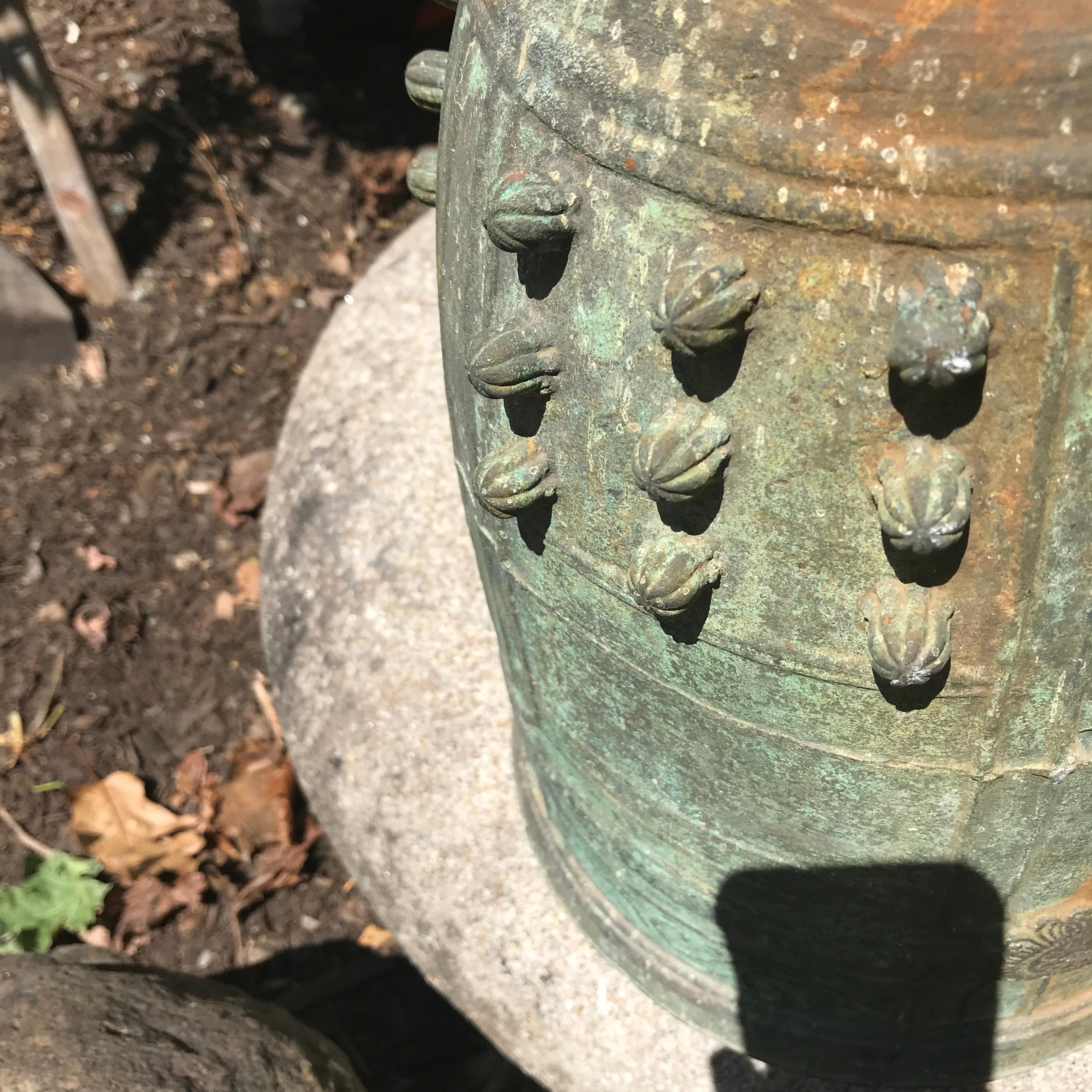 Meiji Japanese Antique Cast Bronze Temple Bell with Original Chain and Limb Piece