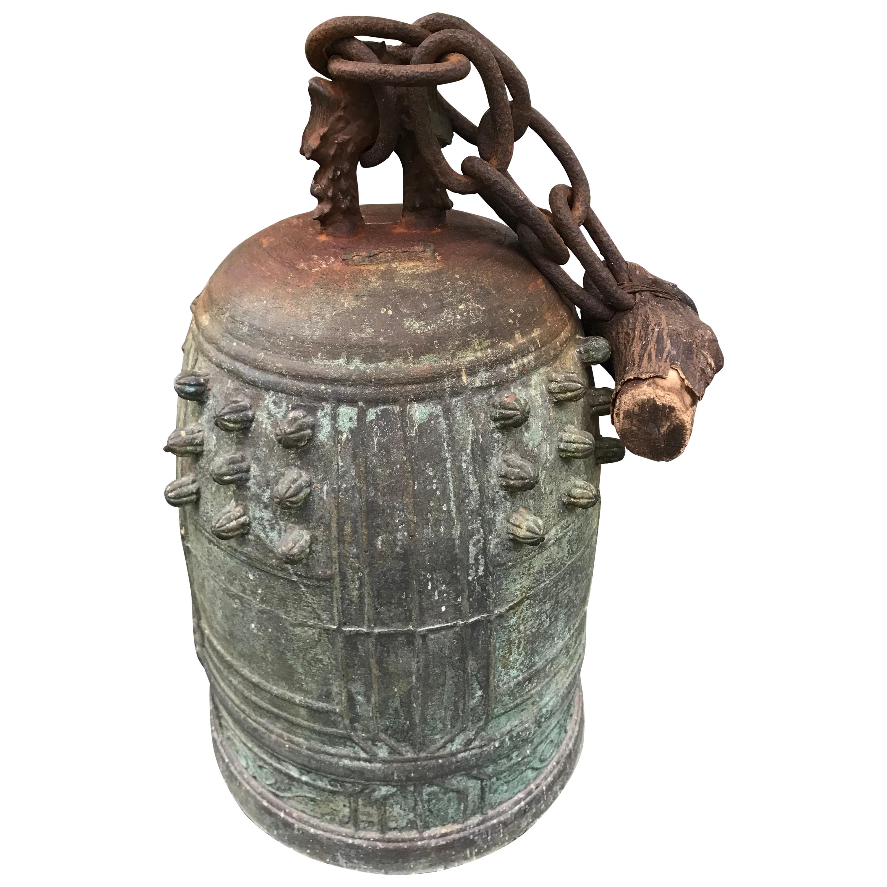 Japanese Antique Cast Bronze Temple Bell with Original Chain and Limb Piece