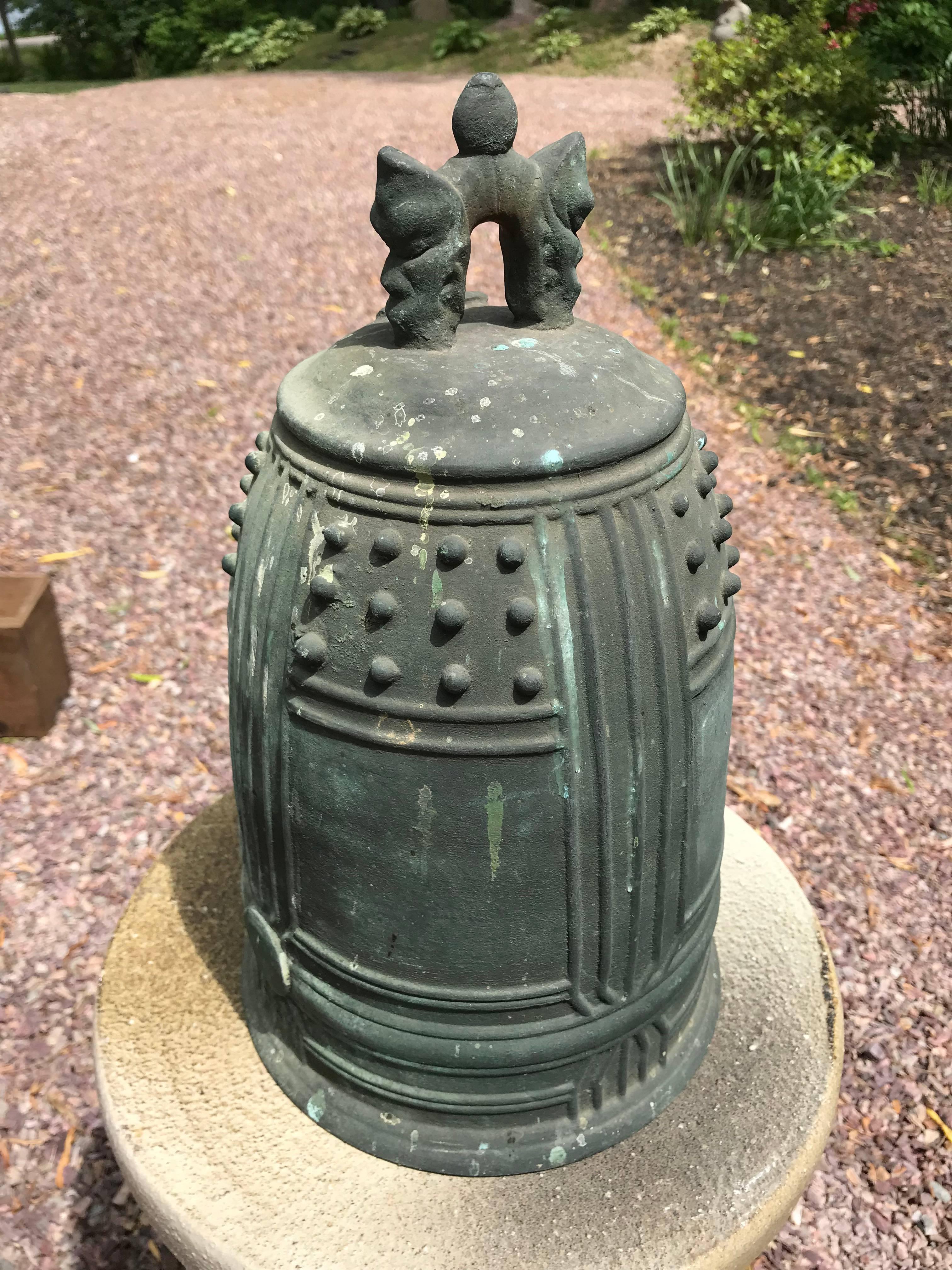 Meiji Japanese Antique Cast Bronze Temple Bell with Prolific Signed Dedication