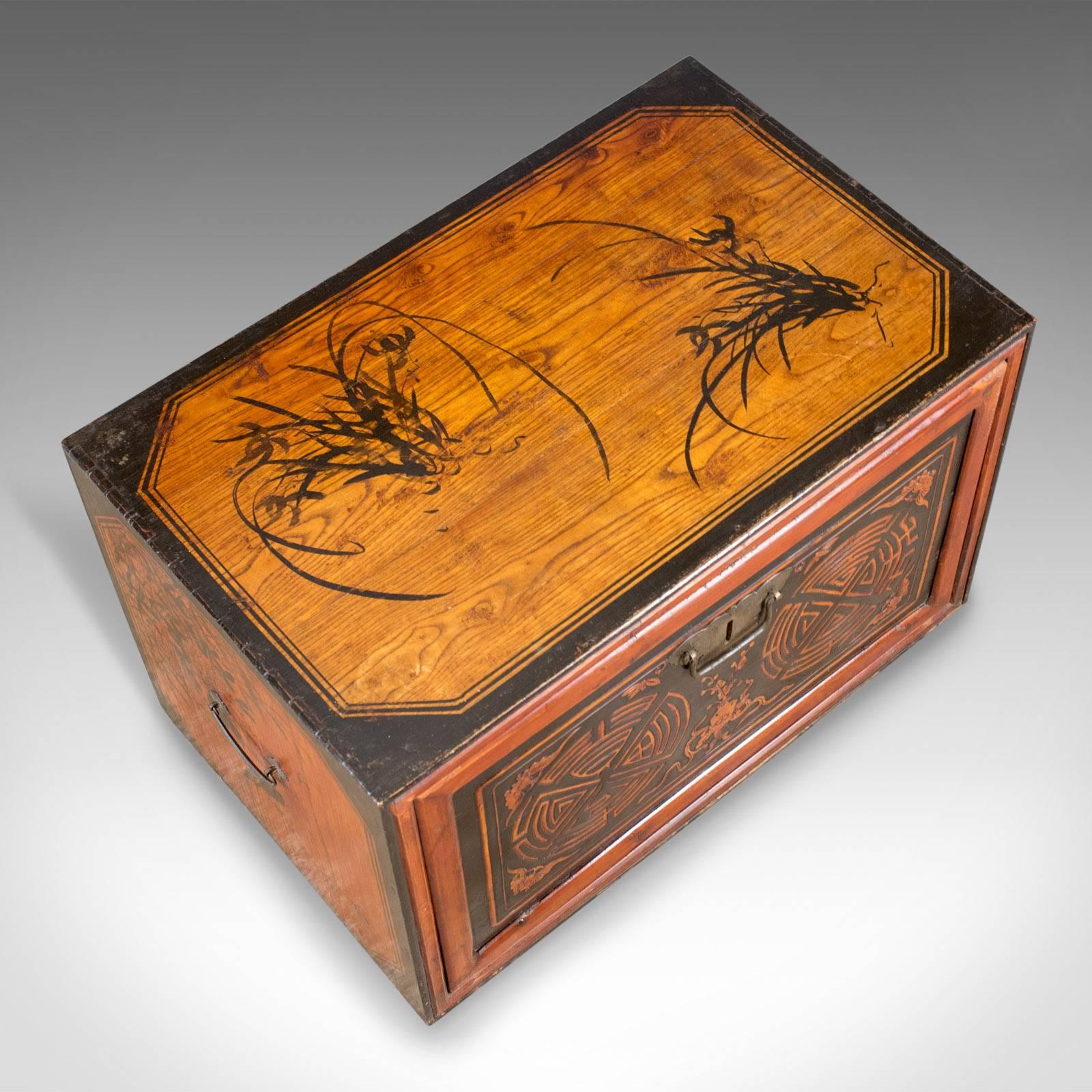 20th Century Japanese Antique Chest, Lacquered Pine Trunk, Blanket Box, Late 19th Century