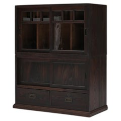 Japanese Antique Chestnut Cabinet with Glass Doors, Wabi-Sabi