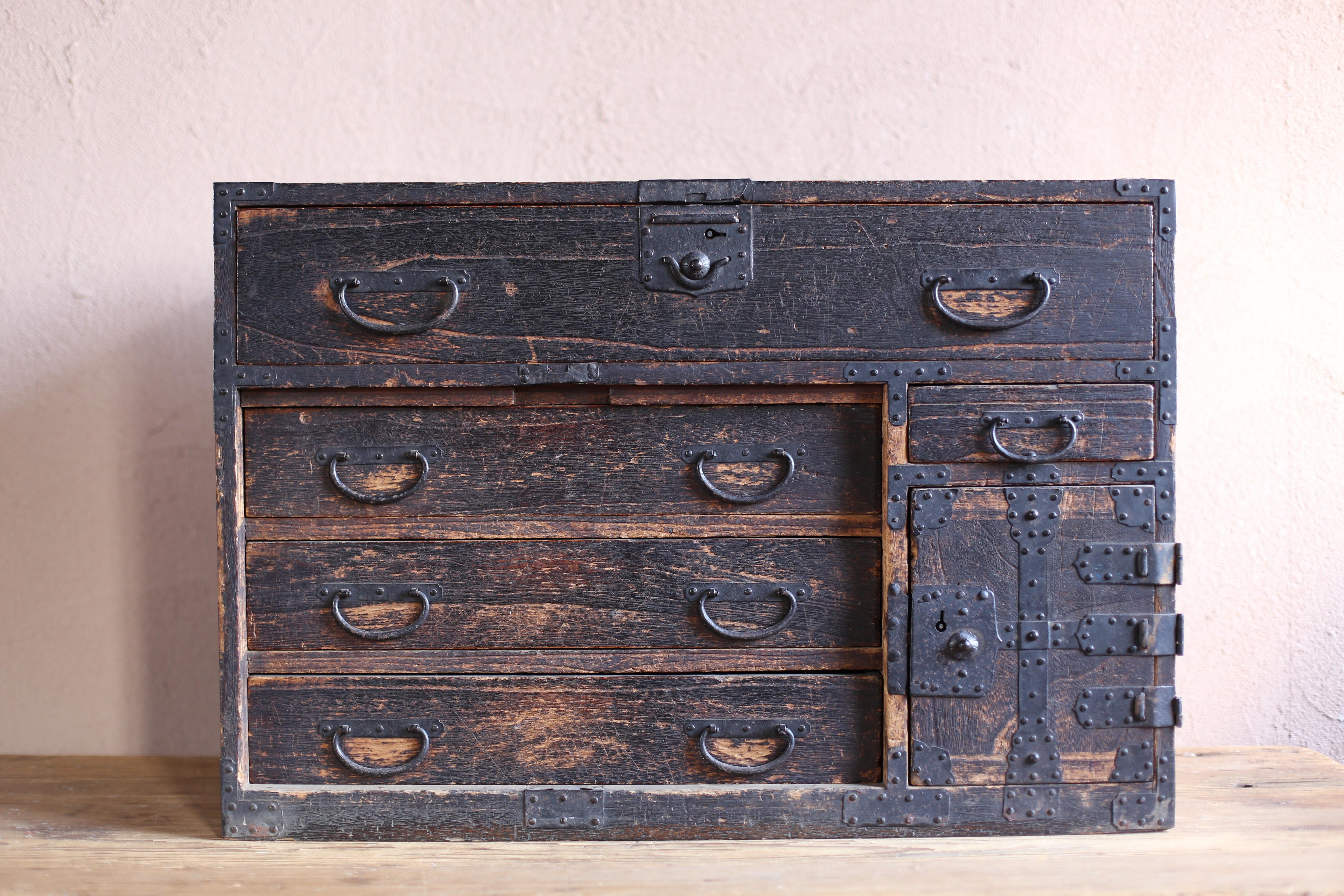 Edo Japanese Antique Chests of Drawers 1800s-1860s/Safe Storage Cabinet Wabisabi For Sale