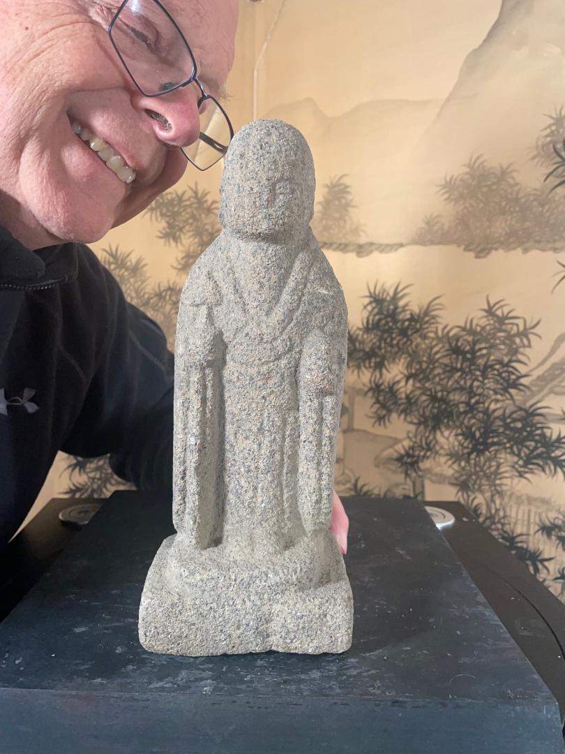 From our recent Japanese acquisitions.

Good garden display and collector choice.

This is a personal Japanese Buddhist stone traveler’s and children's guardian Jizo Bosatsu. He stands tall clutching his sacred staff Ksitigarbha in his right