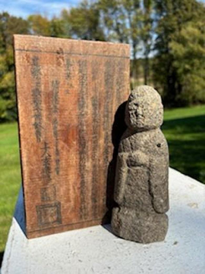 Japanese Antique Spiritual Guardian Stone Jizo with signed box tomobako 6