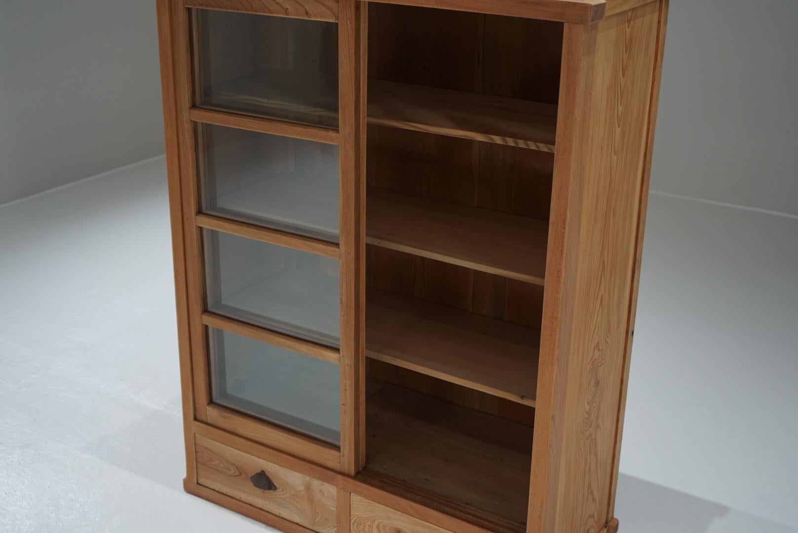 Wood Japanese Antique Cupboard Glass sliding door storage shelf Japandi For Sale