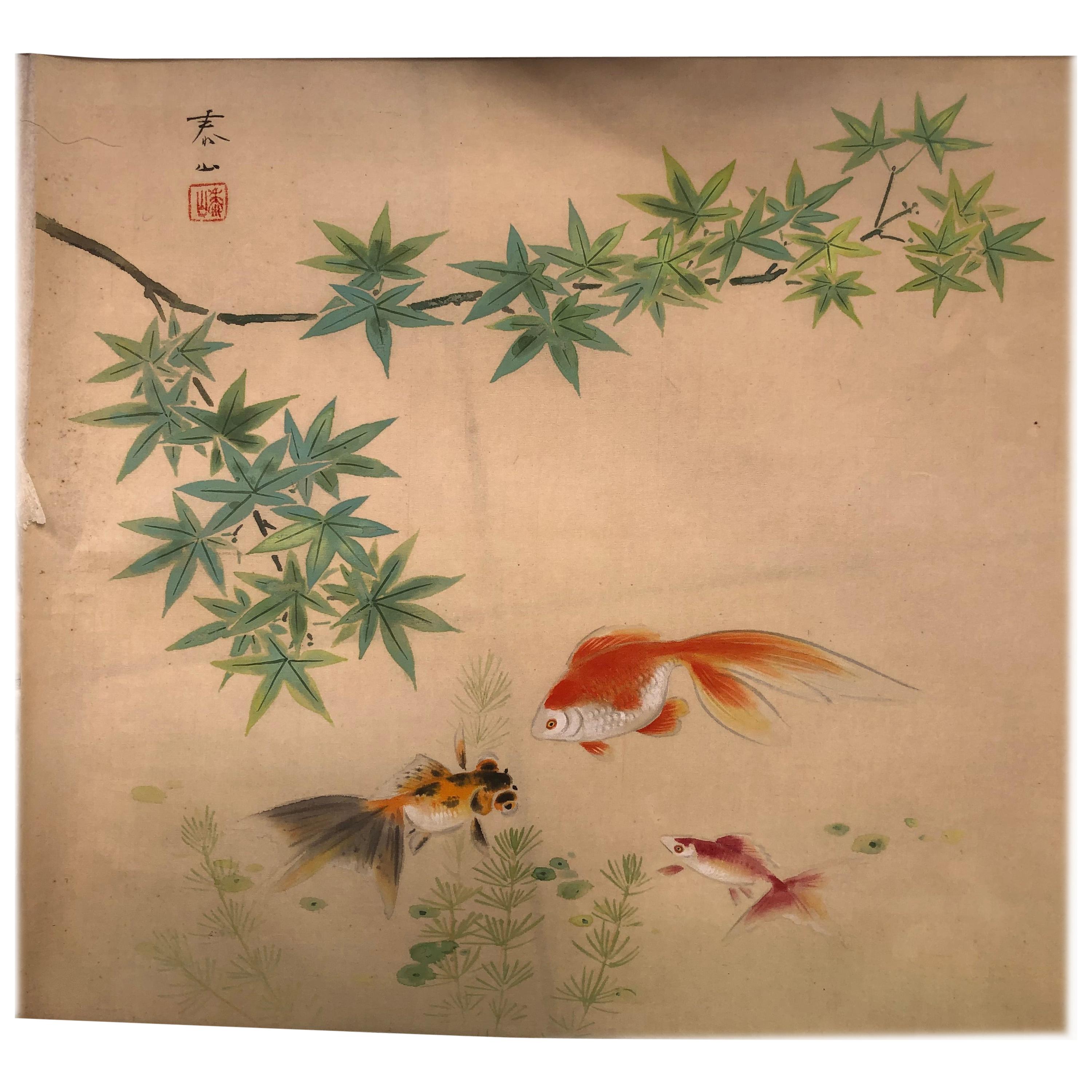 Japanese Antique Delicate Hand Painted "Three Gold Fish" Silk Painting