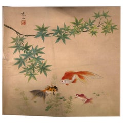 Japanese Antique Delicate Hand Painted "Three Gold Fish" Silk Painting