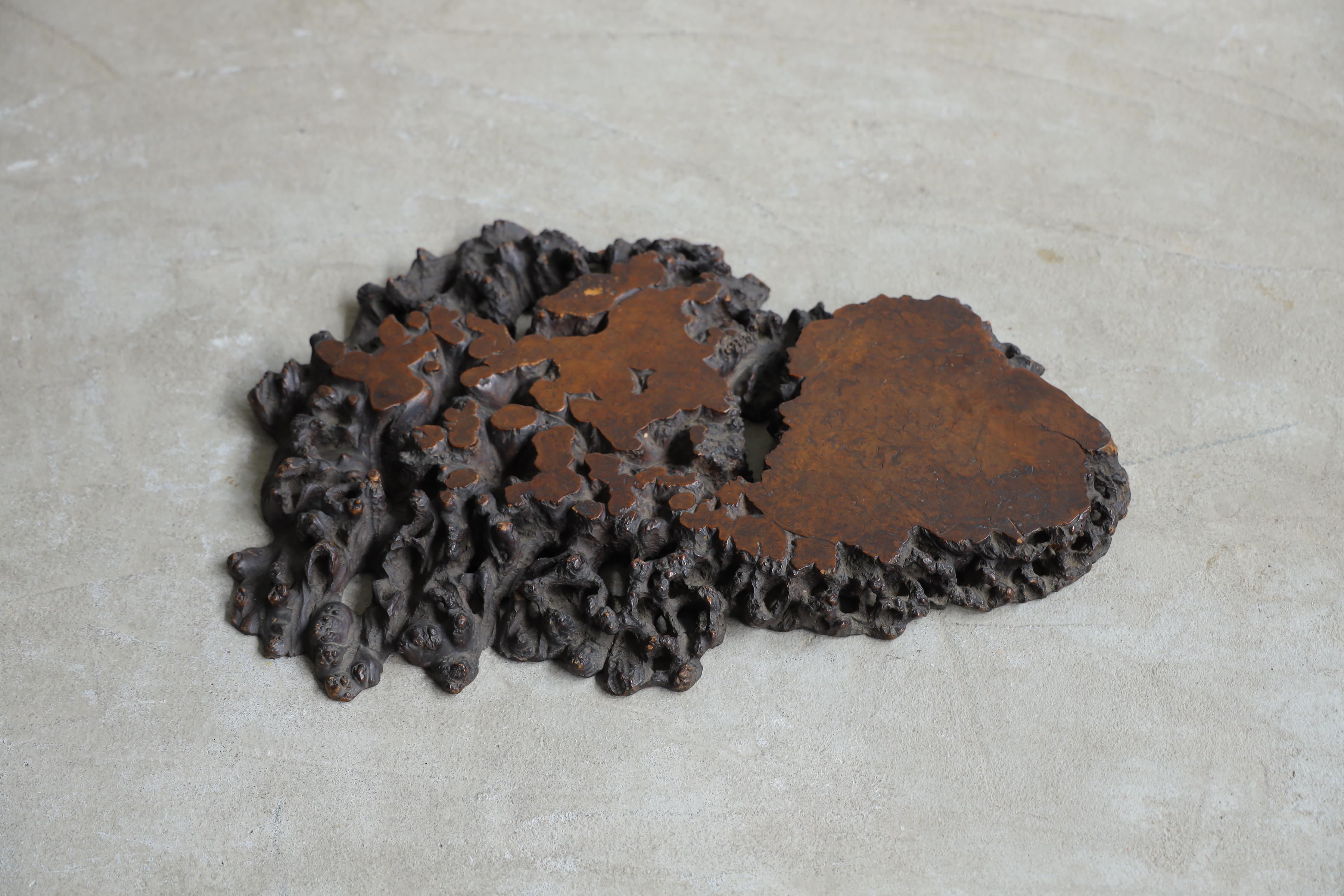 This is an attractive antique display stand made from old wood from the Taisho era. This stand has been used in Japan to display Bonsai.

The surface is finished with lacquer.

It is made with a particularly rare burl grain, and the patterns created