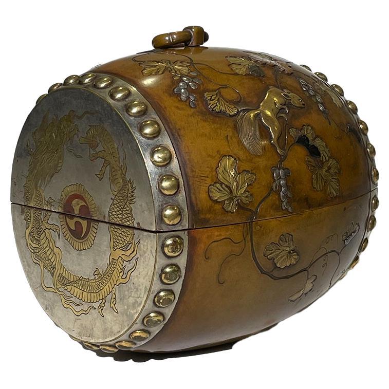 Japanese Antique Drum-Shaped Bronze Box, Meiji Period For Sale