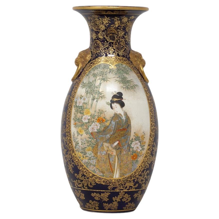 Vaso antico giapponese in terracotta Satsuma del periodo Meiji di Kinkozan