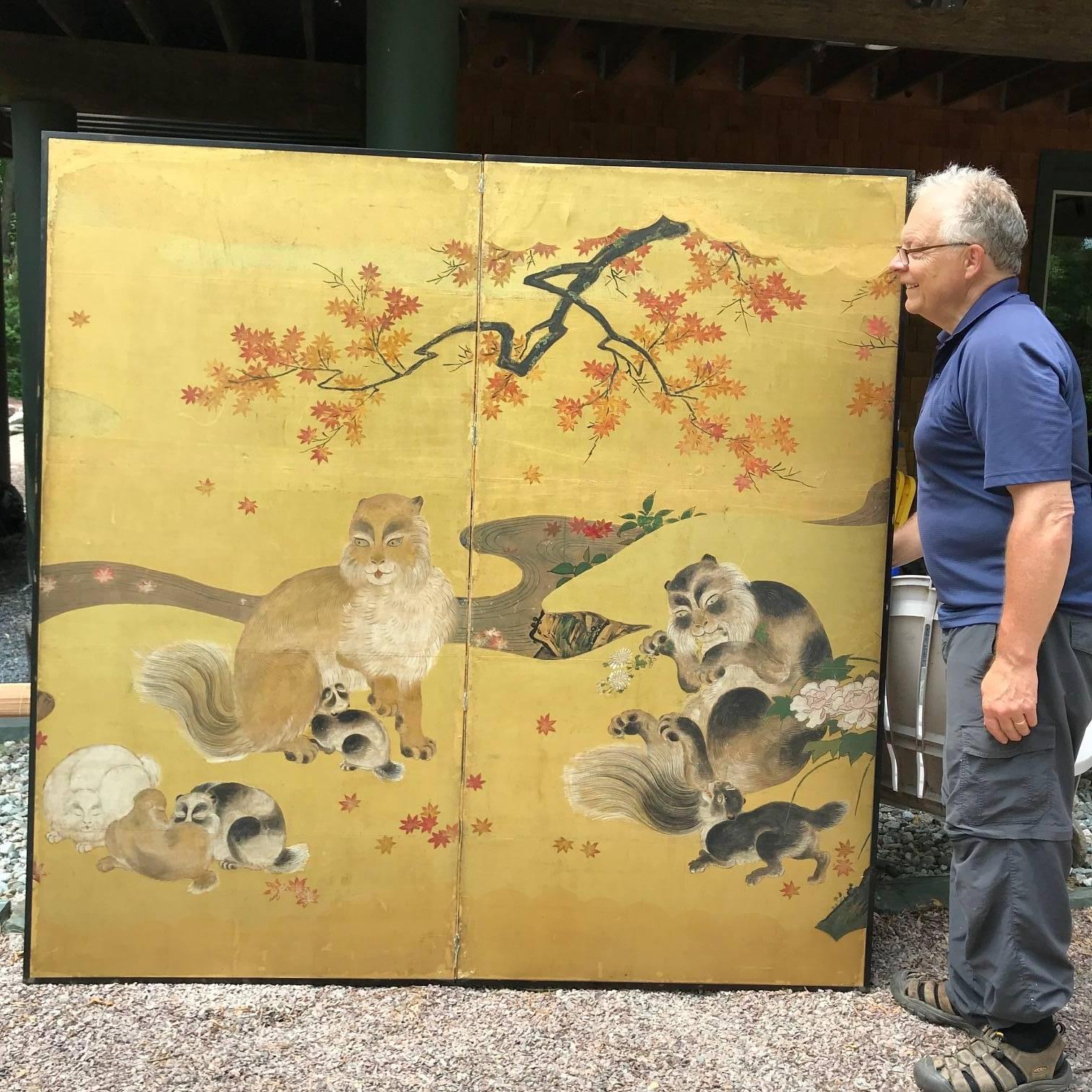 From our recent Japanese Acquisitions Travels.

Japan, a stunning antique two-panel gold screen byobu depicting prized and elegant cats in playful mood. It dates to the Edo to Meiji periods.

This depiction is rare Japanese screens and we are
