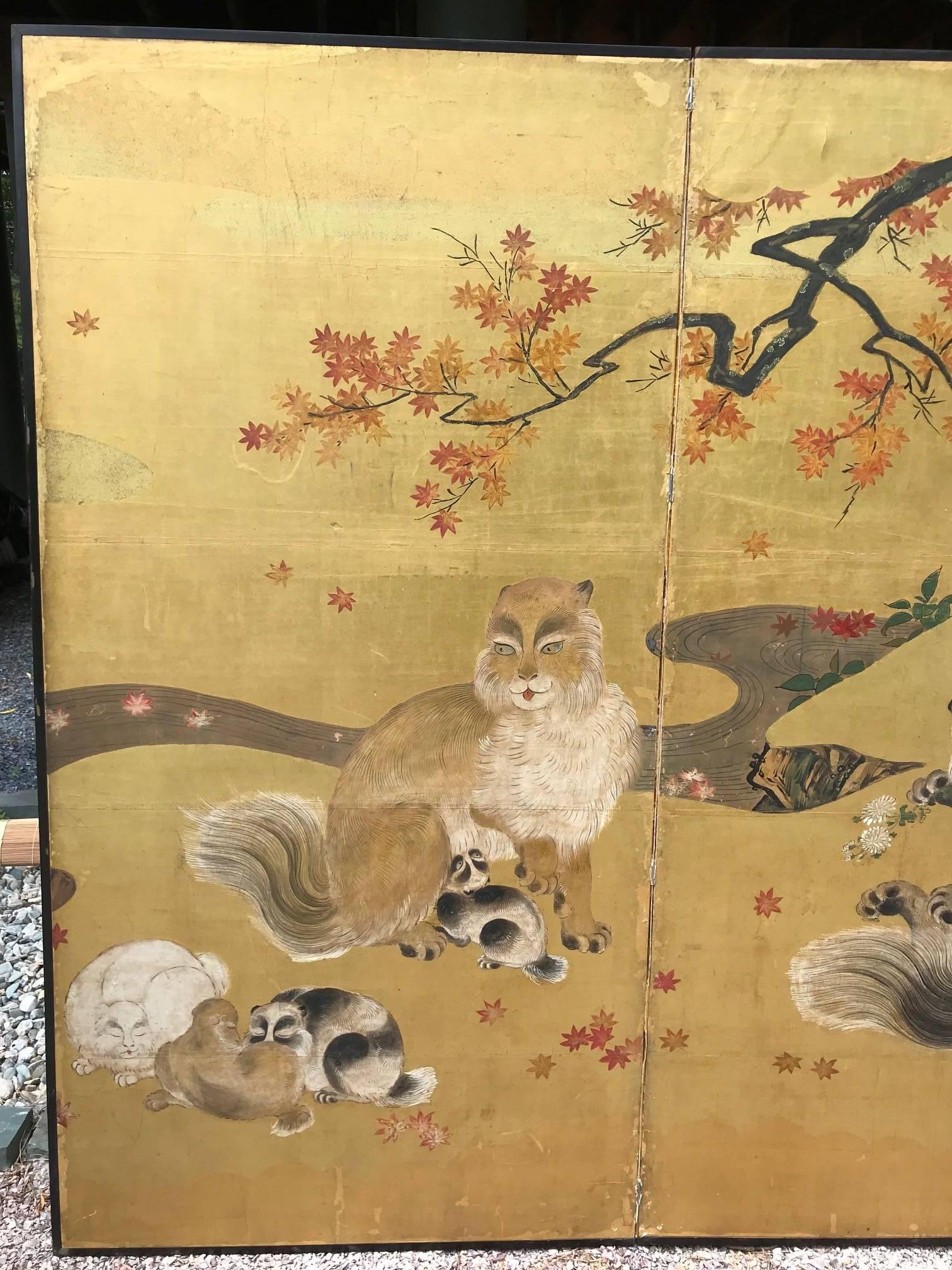 Meiji Japanese Antique Edo Cats Two Panel Gold Screen