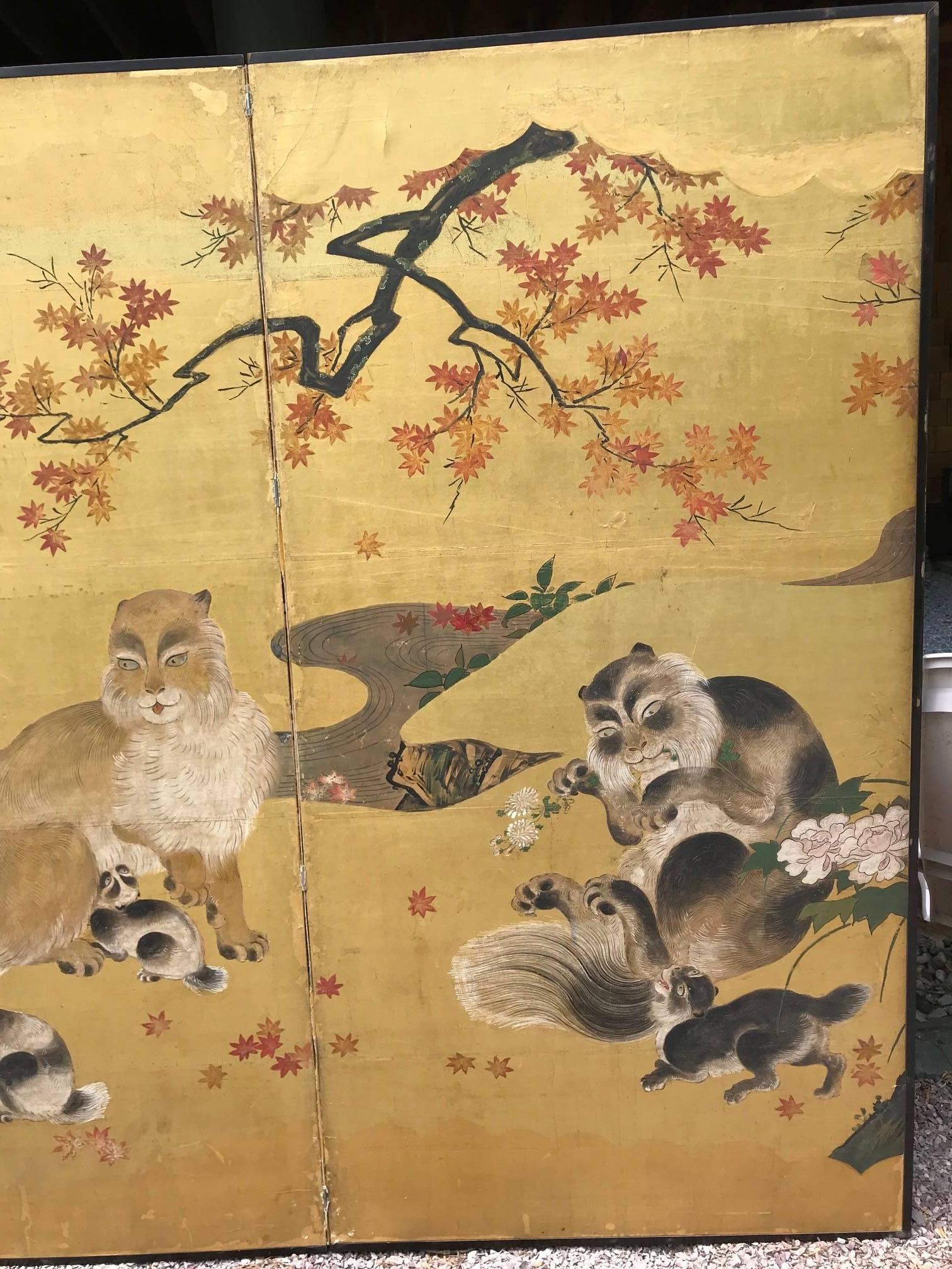Hand-Painted Japanese Antique Edo Cats Two Panel Gold Screen