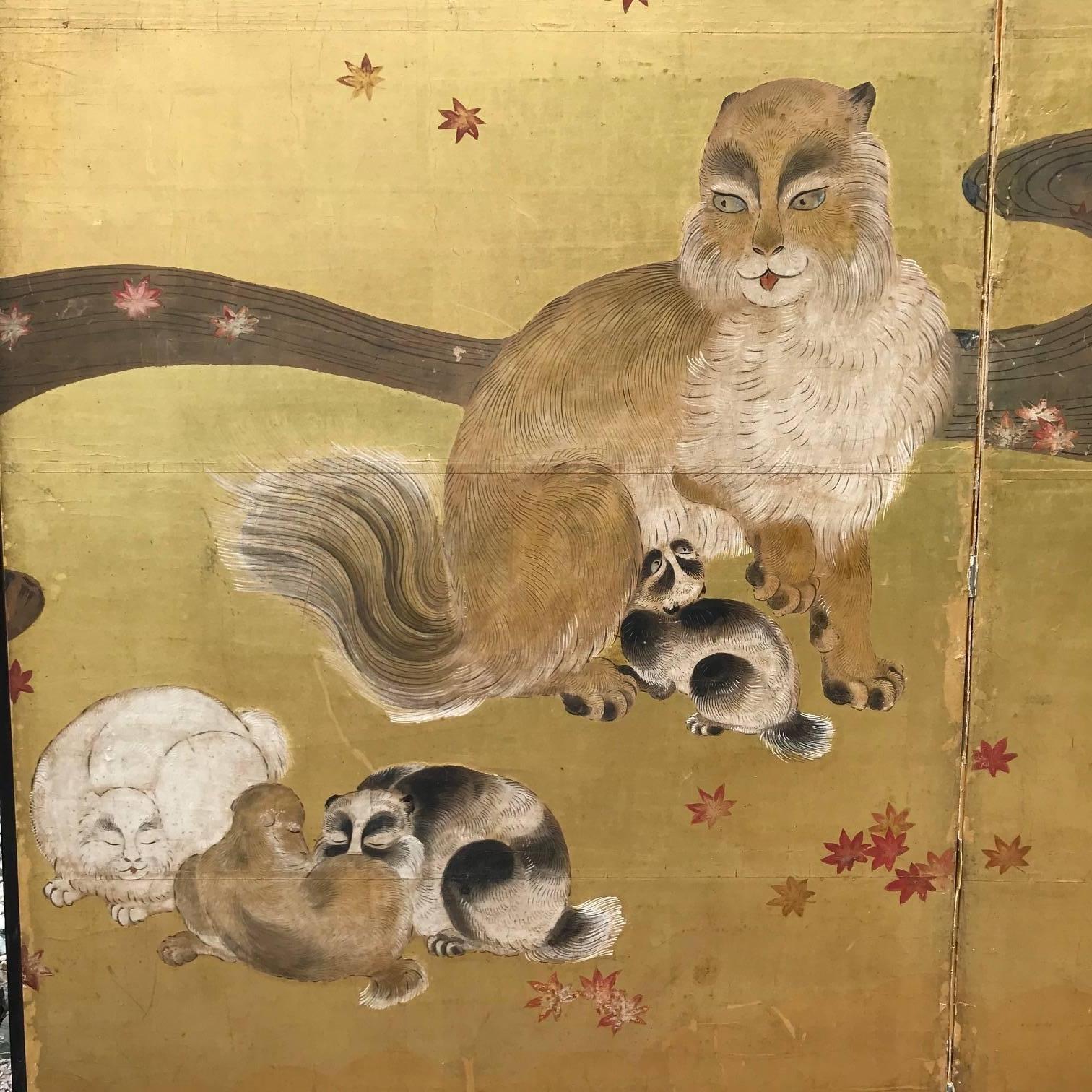 Japanese Antique Edo Cats Two Panel Gold Screen In Good Condition In South Burlington, VT
