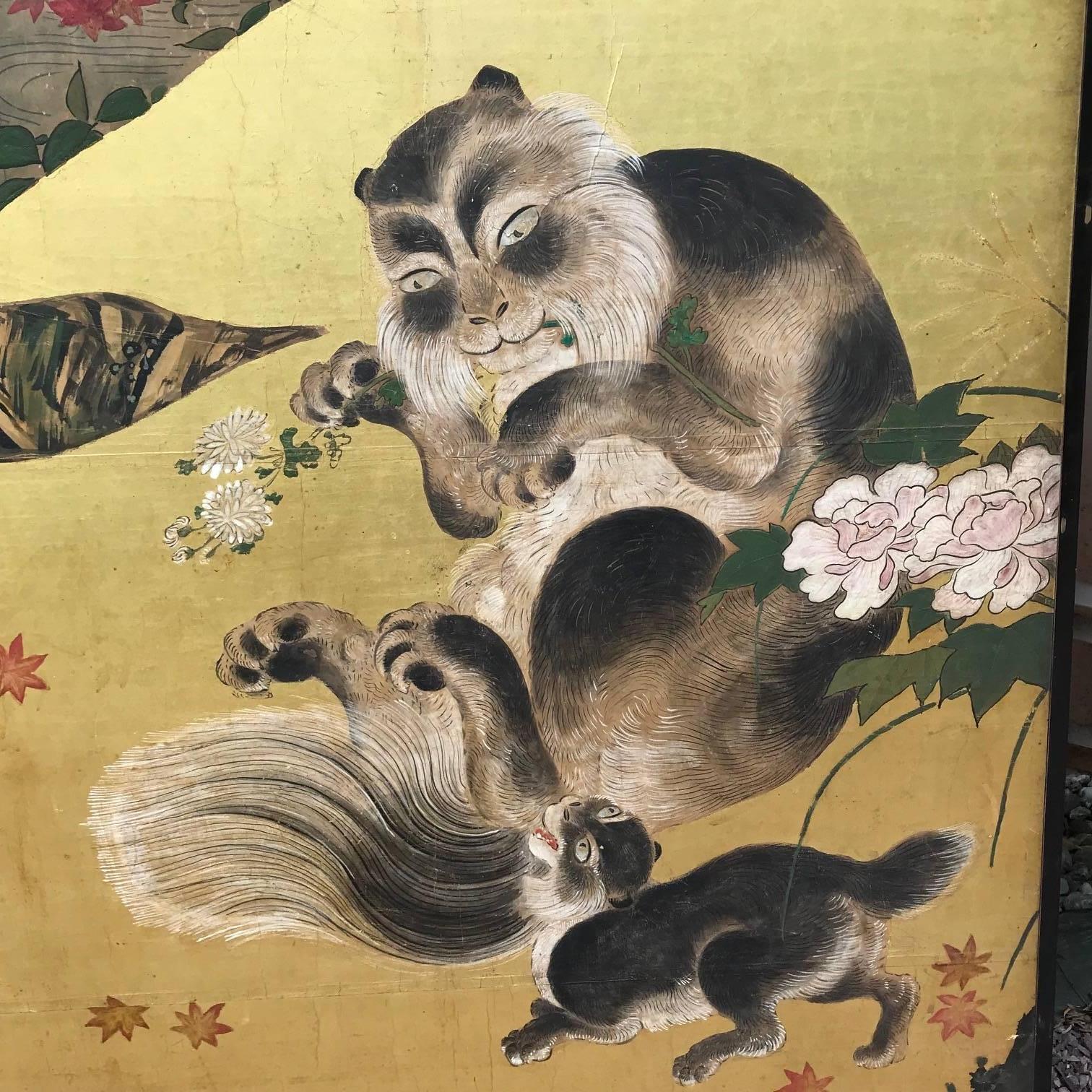 19th Century Japanese Antique Edo Cats Two Panel Gold Screen