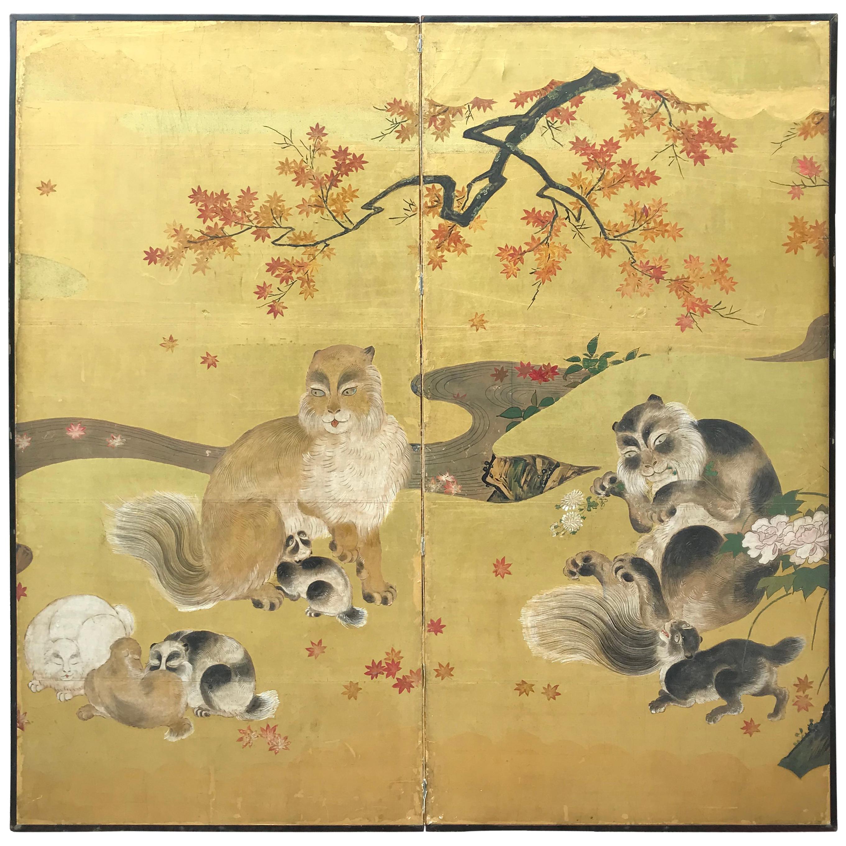 Japanese Antique Edo Cats Two Panel Gold Screen