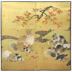 Japanese Antique Edo Cats Two Panel Gold Screen