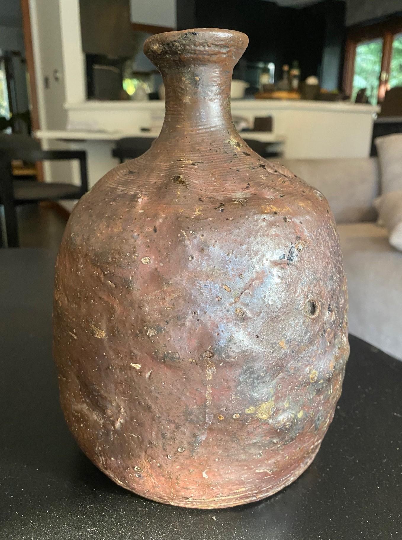 Earthenware Japanese Antique Edo Meiji Wabi-Sabi Tanba Tamba Art Pottery Vase Jar Pot For Sale