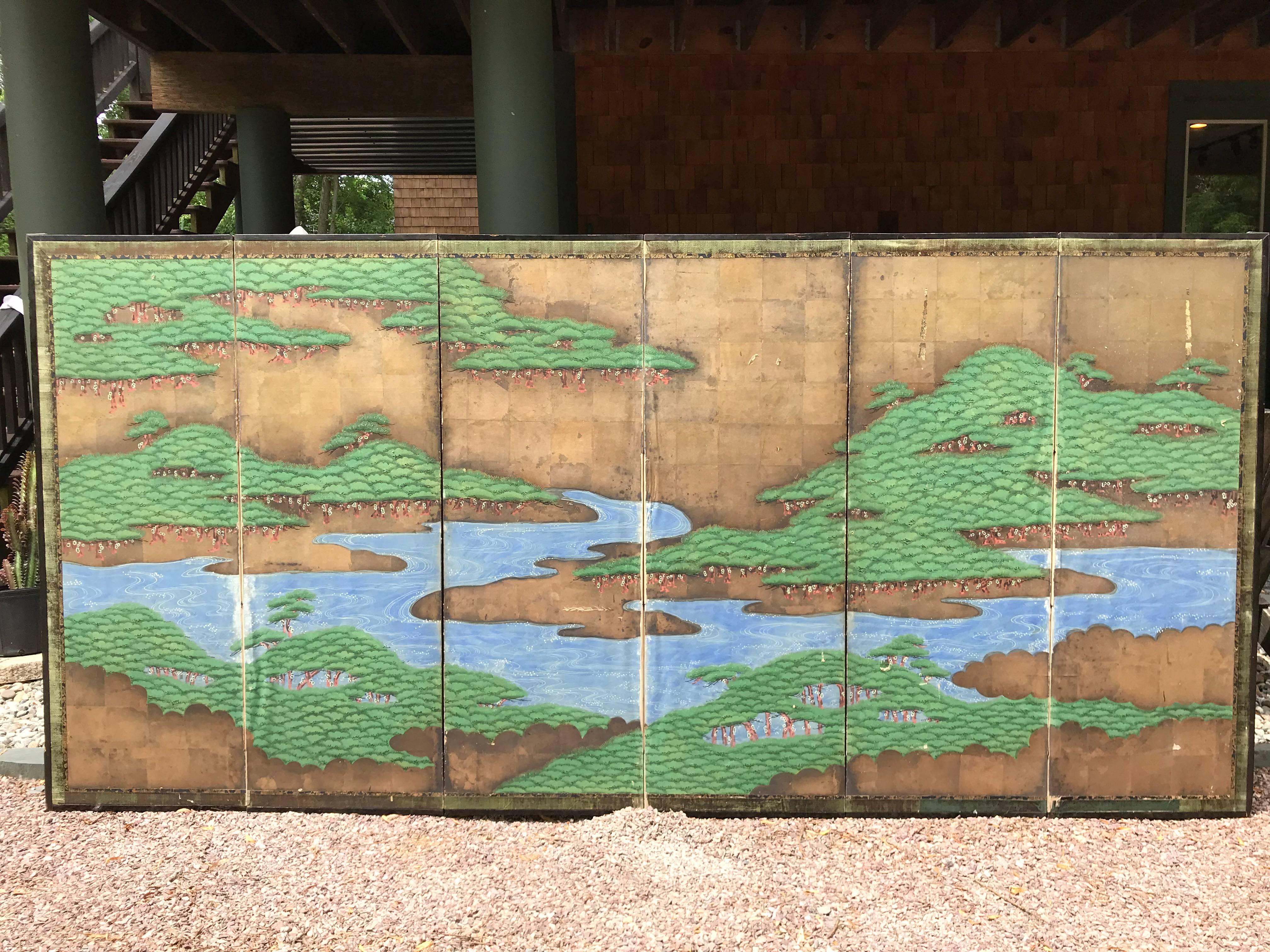 Japanese Antique Evergreen Mountains and Lakes Screen Byobu, Six Panels 8