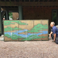Japanese Antique Evergreen Mountains and Lakes Screen Byobu, Six Panels