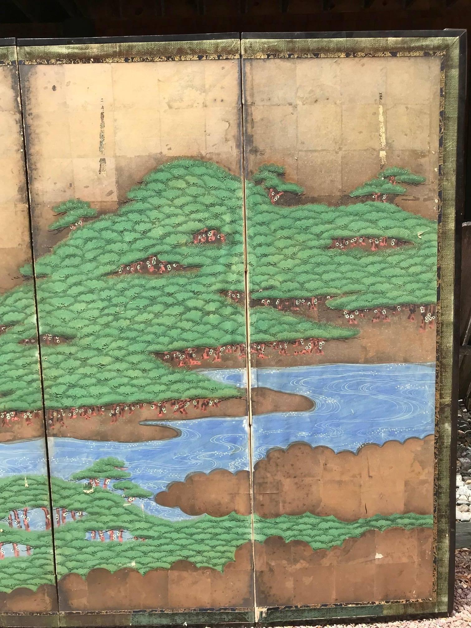 Japanese Antique Evergreen Mountains and Lakes Screen Byobu, Six Panels In Good Condition In South Burlington, VT