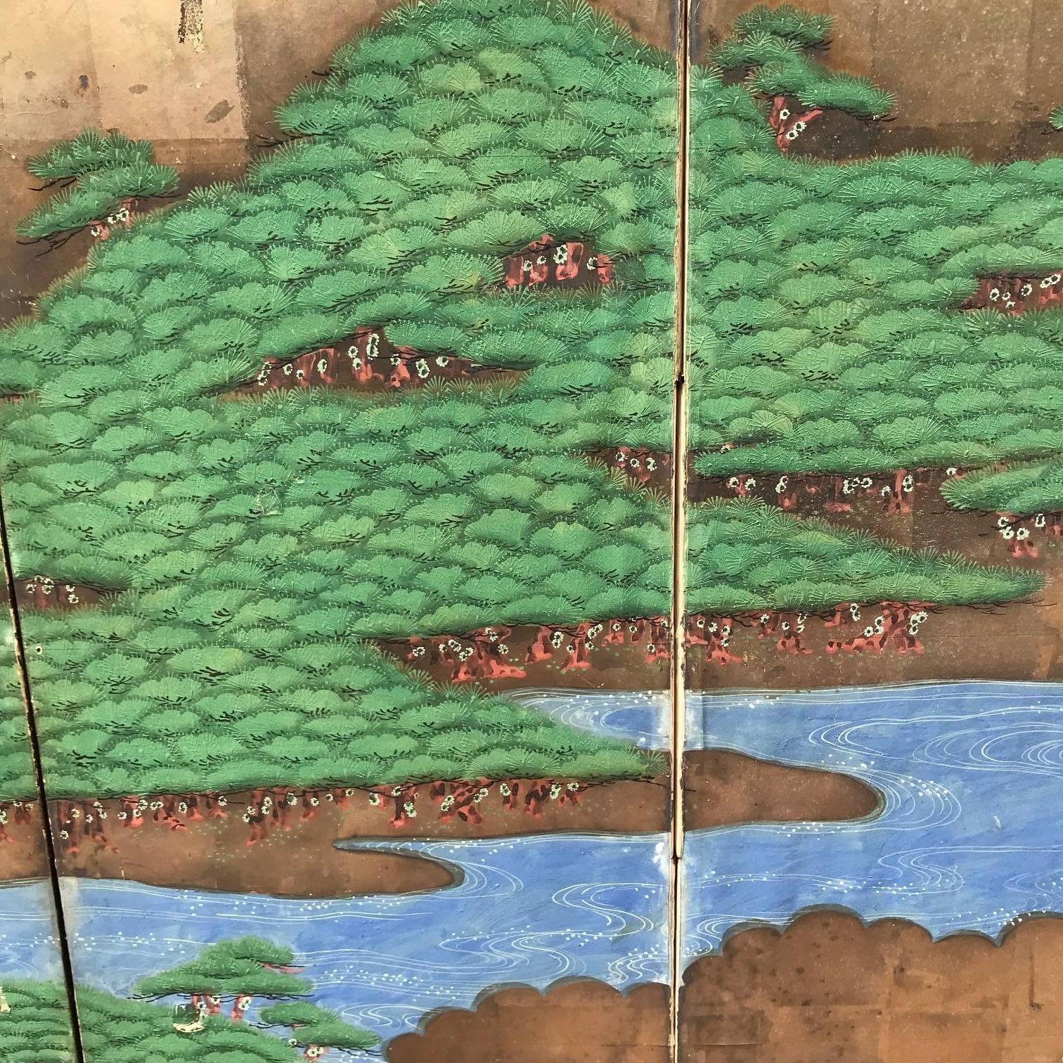 Japanese Antique Evergreen Mountains and Lakes Screen Byobu, Six Panels 2