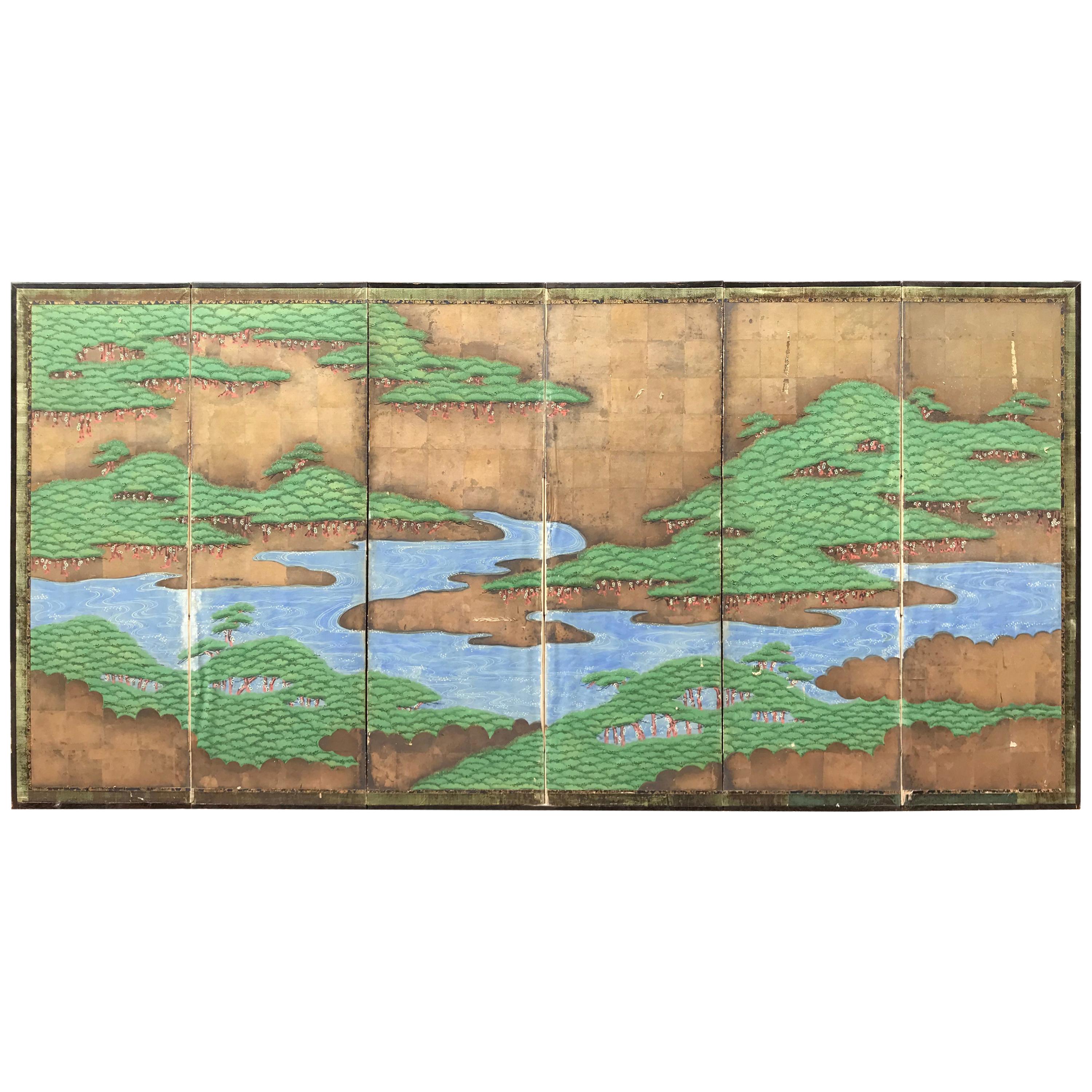 Japanese Antique Evergreen Mountains and Lakes Screen Byobu, Six Panels