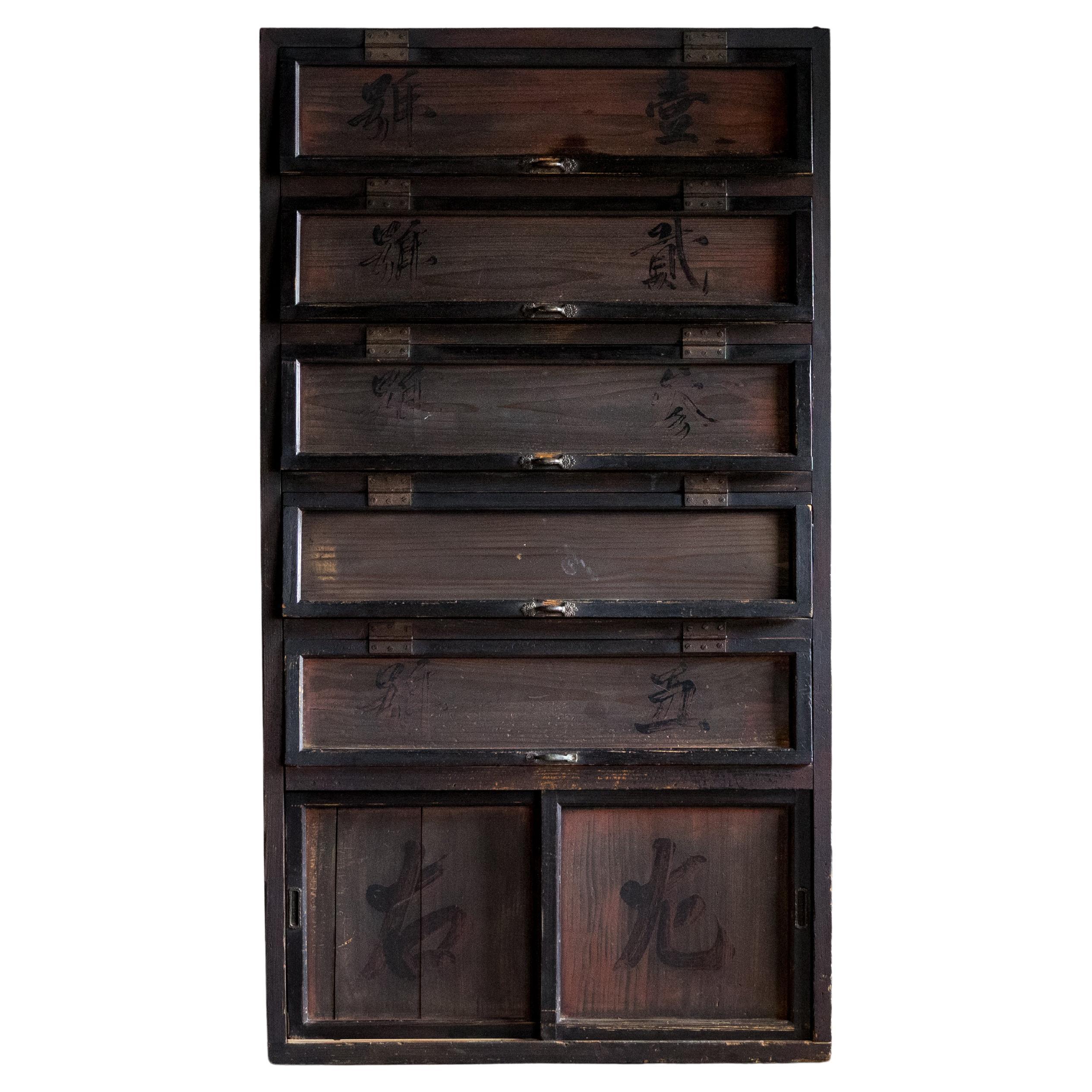 Japanese Antique Flap-Front Storage Cabinet with Kanji Markings, Late Meiji Era im Angebot
