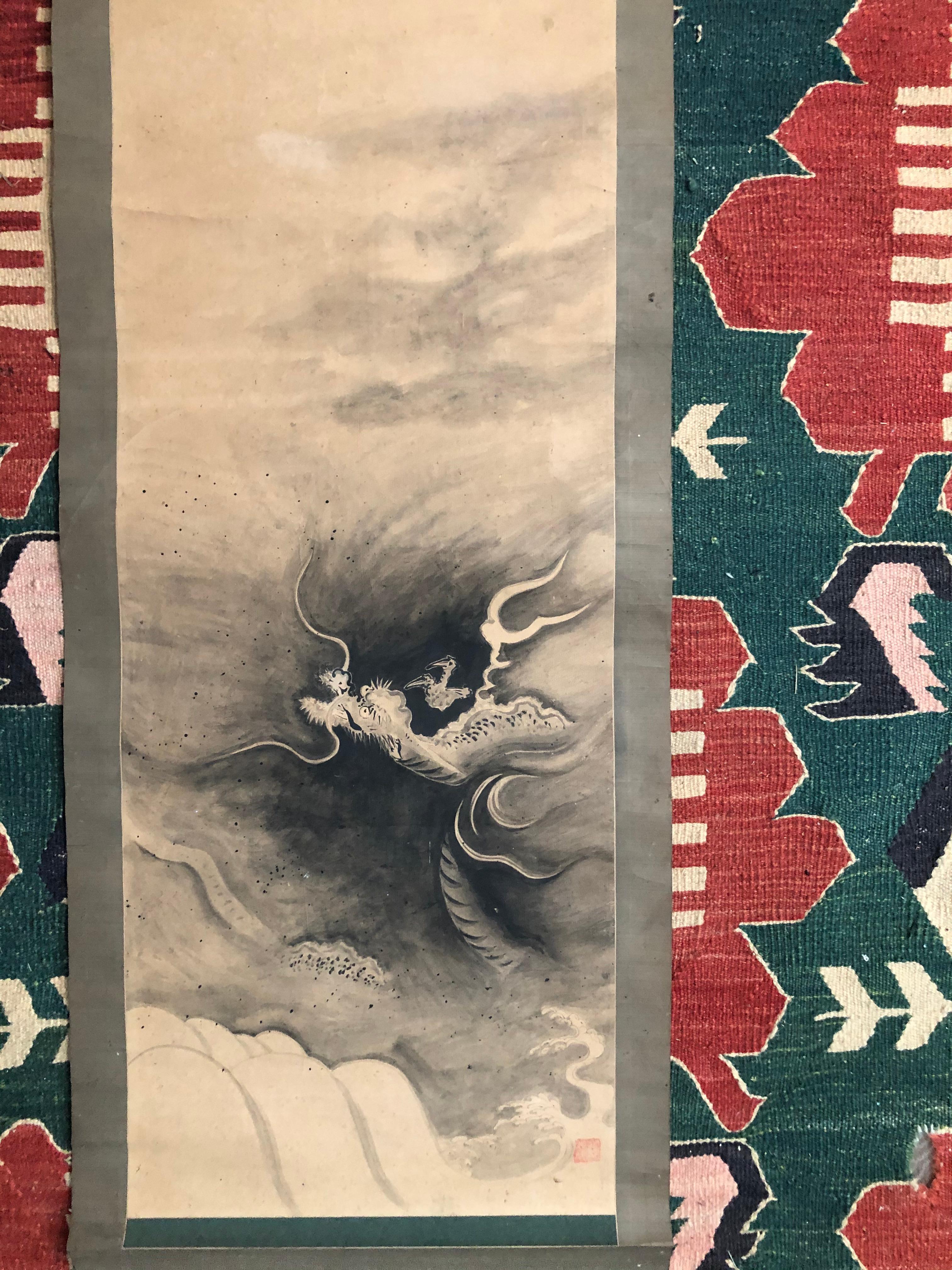 Meiji Japanese Antique Flying Dragon Hand Painted Scroll