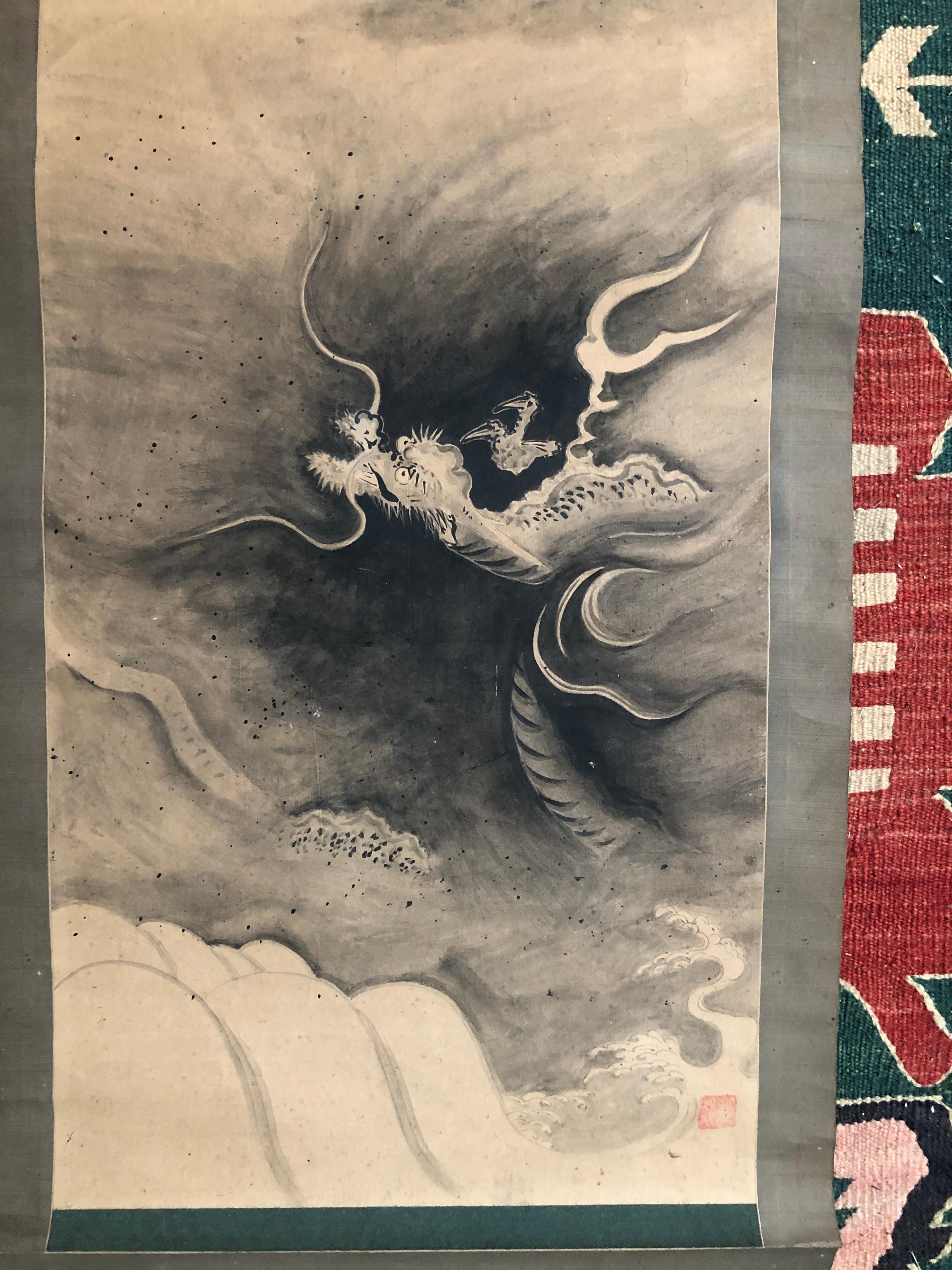 Japanese Antique Flying Dragon Hand Painted Scroll In Good Condition In South Burlington, VT