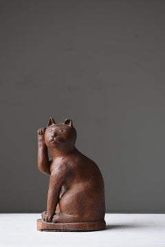 Japanese Antique Folk Art Maneki Neko Sculpture 1920s-1940s / Primitive Wabisabi