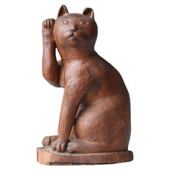 Japanese Antique Folk Art Maneki Neko Sculpture 1920s-1940s / Primitive Wabisabi