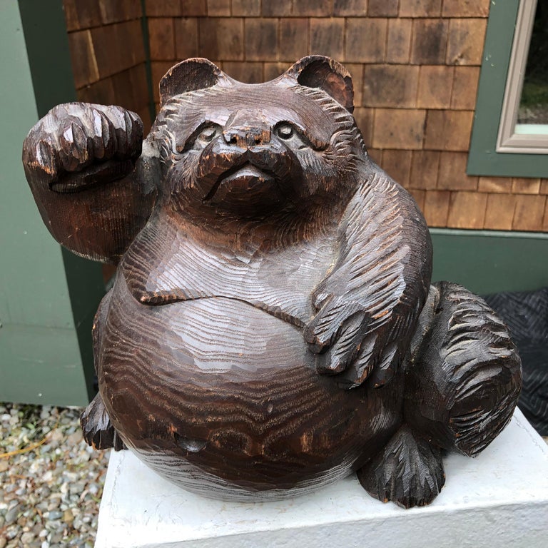 Japanese Antique Folk Tanuki Handmade Hand Carved OneofKind Rare