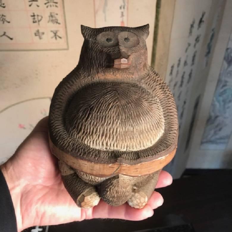 Japanese Antique Folk Tanuki Handmade Hand-Carved One-of-Kind, Miwa 5