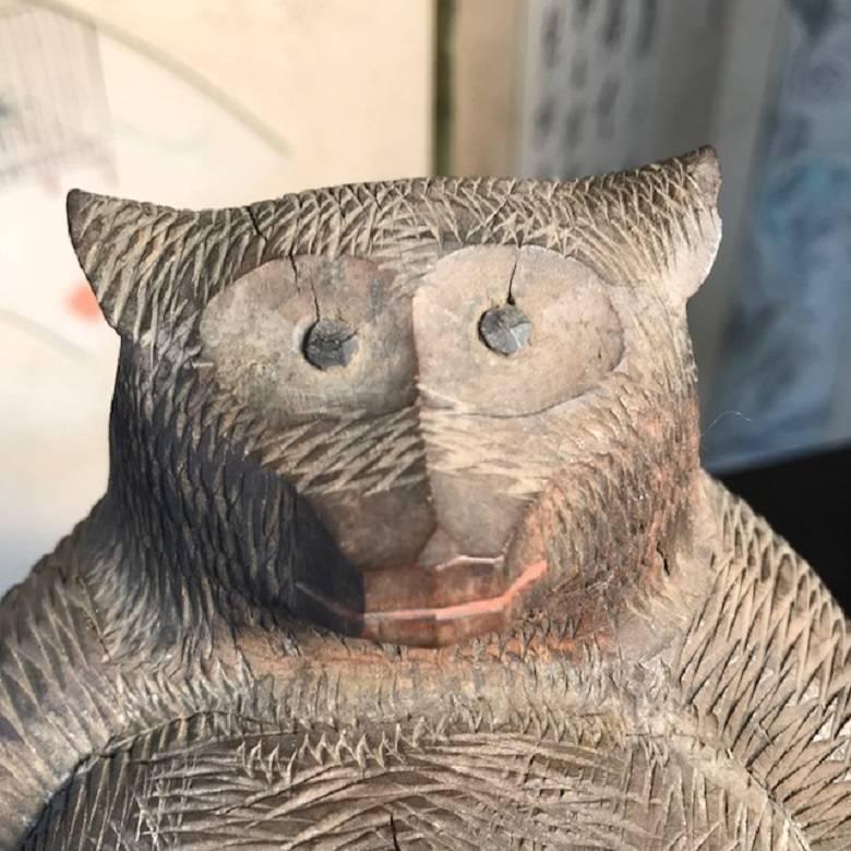 Showa Japanese Antique Folk Tanuki Handmade Hand-Carved One-of-Kind, Miwa