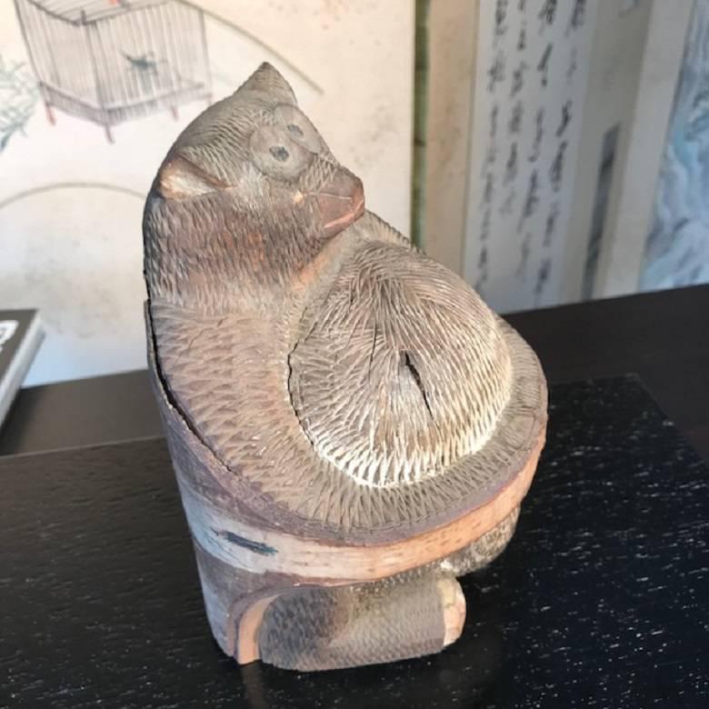 20th Century Japanese Antique Folk Tanuki Handmade Hand-Carved One-of-Kind, Miwa