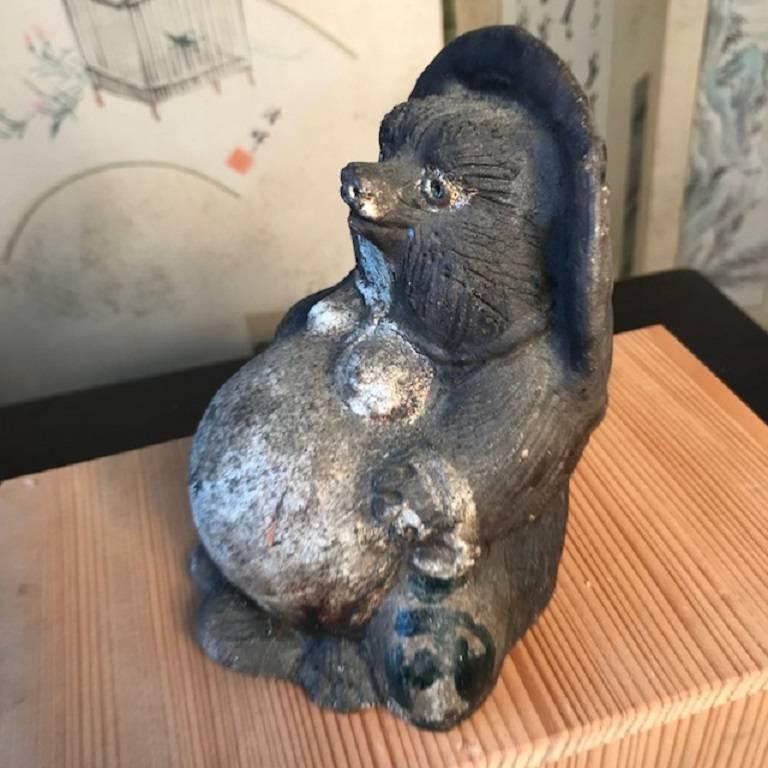 Ceramic Japanese Antique Folk Tanuki Handmade Hand Glazed Big Belly Party Hero