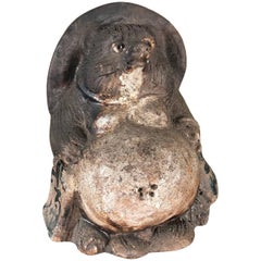 Japonais Antique Folk Tanuki Fait à la Main Glacé Noir Gros Ventre Animal de Fête