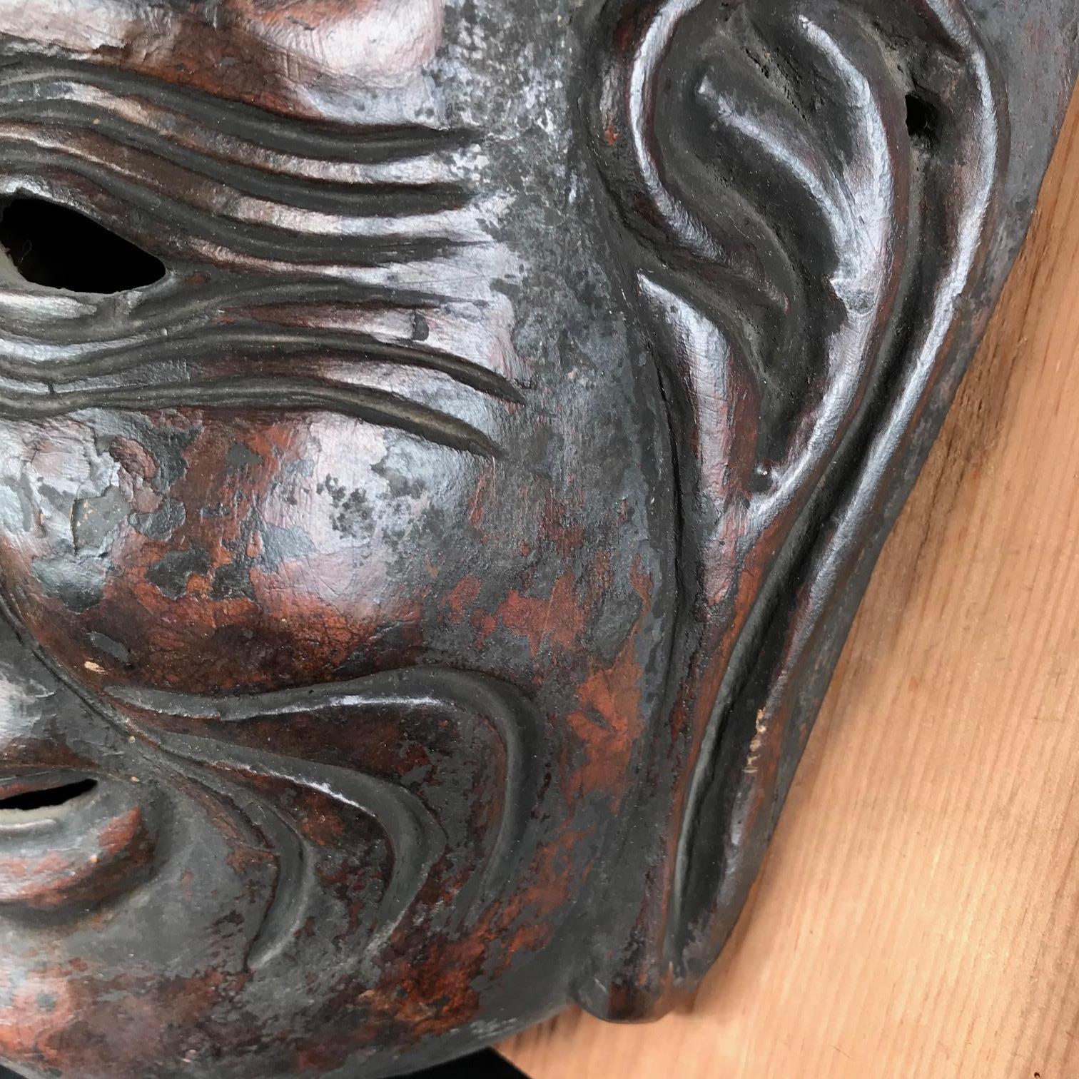 Japanese Antique Gigaku Noh Mask with Fine Details, Signed, 19th Century In Good Condition In South Burlington, VT