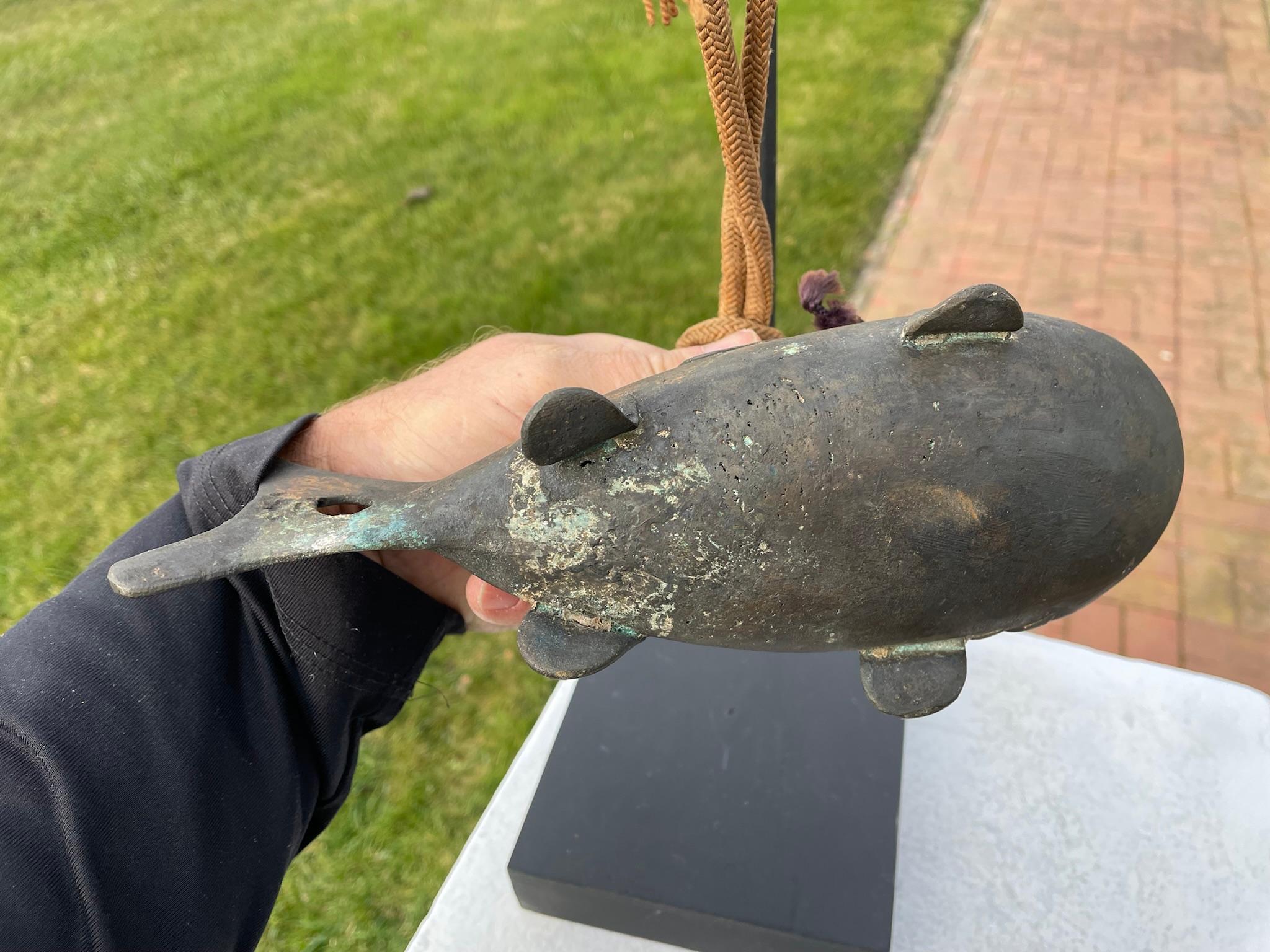 Japanese Old Vintage Gilt Bronze Fish Bell and Wood Striker 9