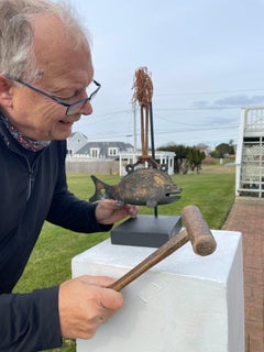 Japanese Old Vintage Gilt Bronze Fish Bell and Wood Striker