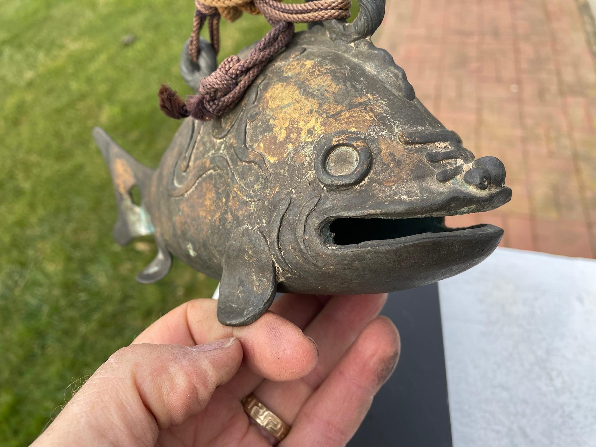 Cast Japanese Old Vintage Gilt Bronze Fish Bell and Wood Striker
