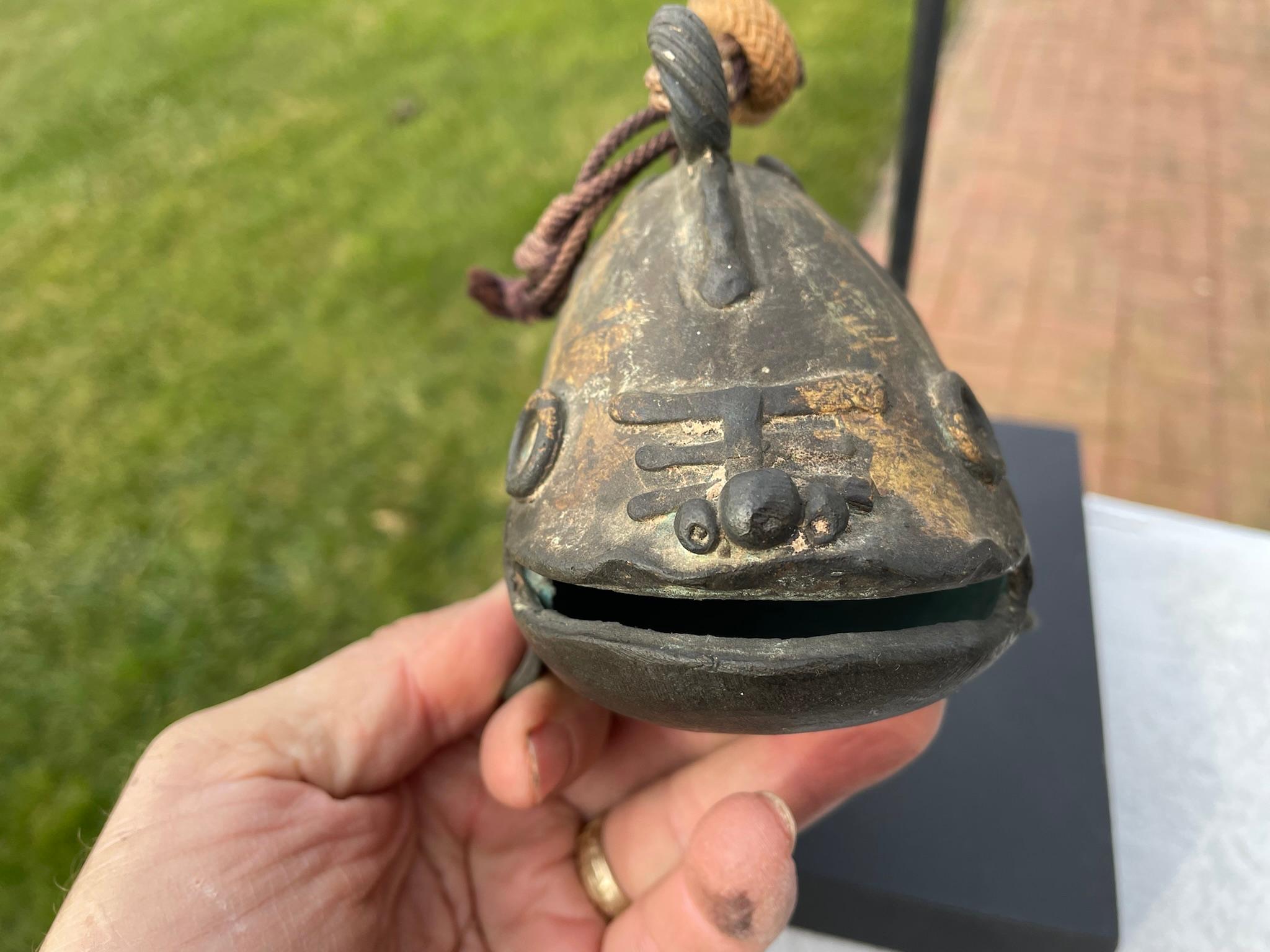 Japanese Old Vintage Gilt Bronze Fish Bell and Wood Striker In Good Condition In South Burlington, VT