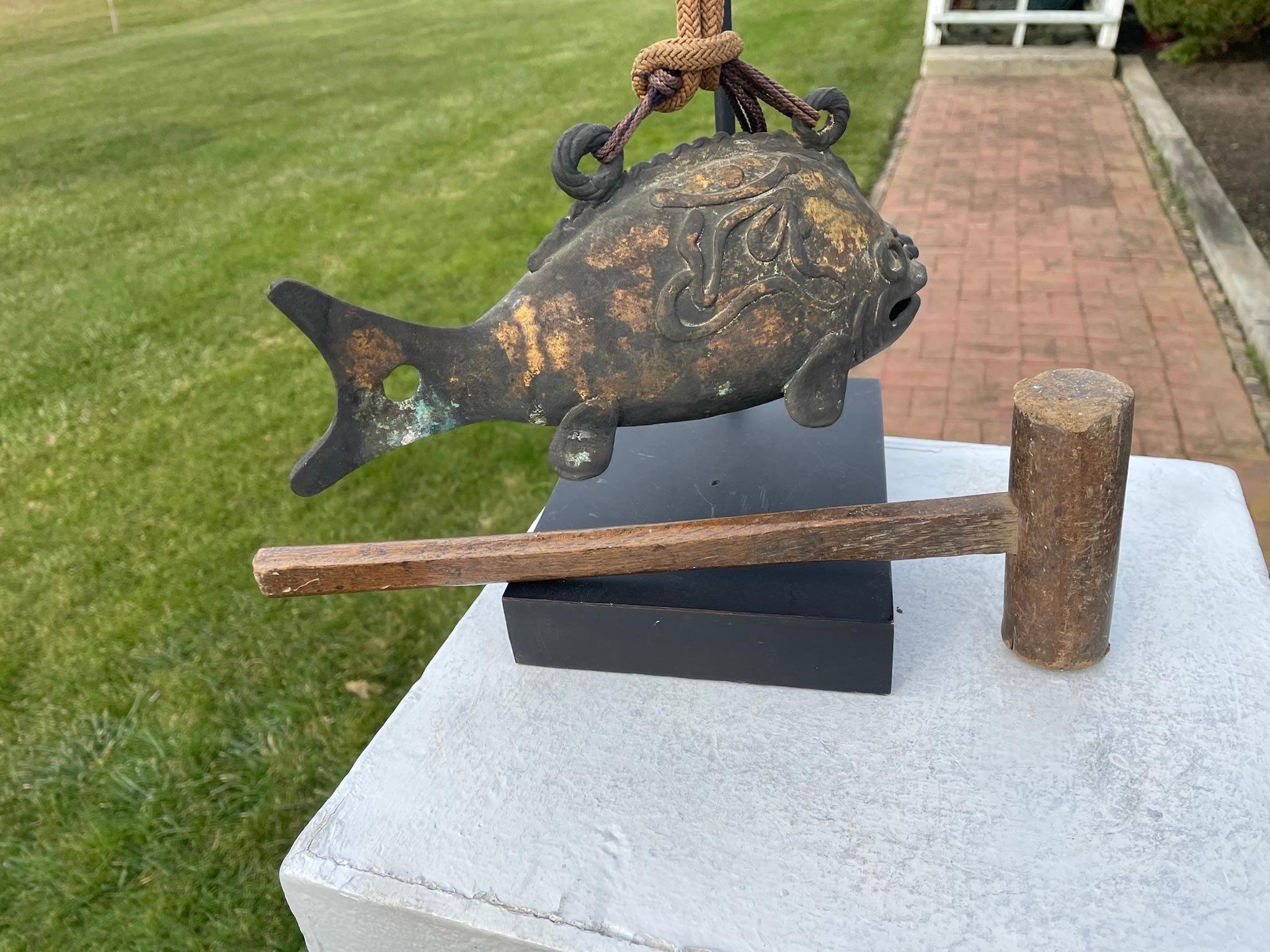 Japanese Old Vintage Gilt Bronze Fish Bell and Wood Striker 1