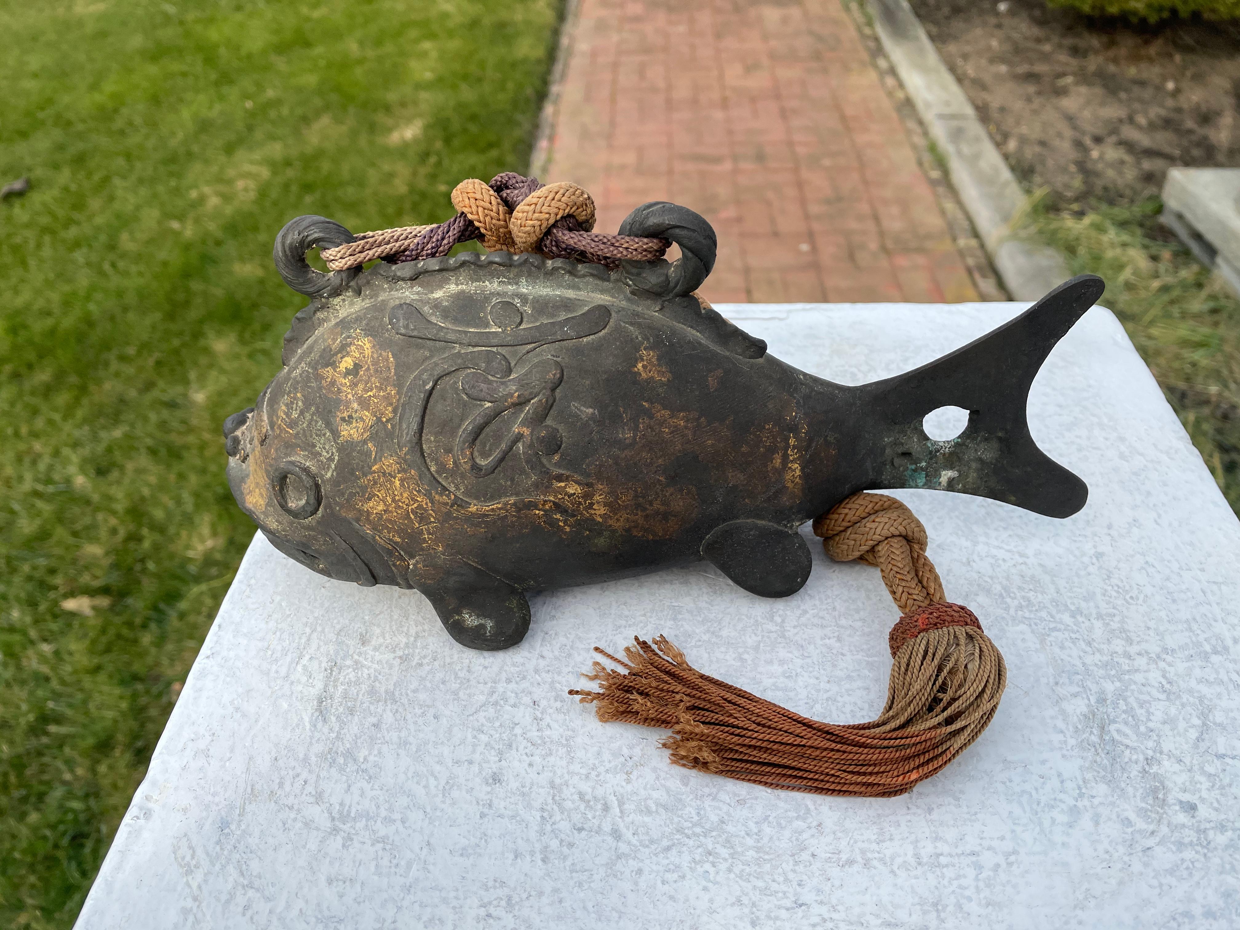 Japanese Old Vintage Gilt Bronze Fish Bell and Wood Striker 2