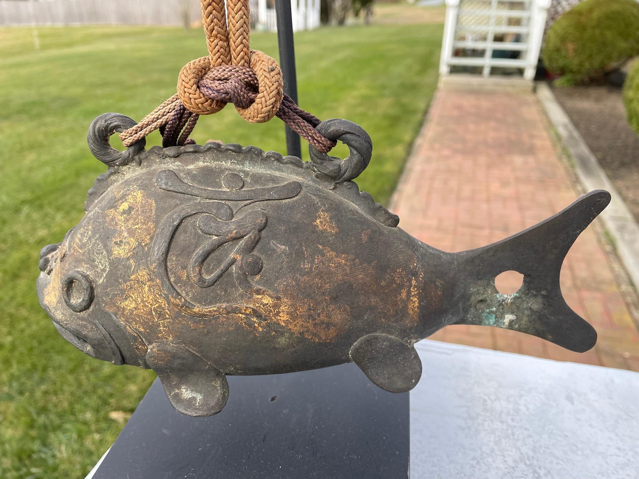 Japanese Old Vintage Gilt Bronze Fish Bell and Wood Striker 3