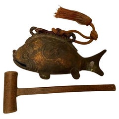 Japanese Old Vintage Gilt Bronze Fish Bell and Wood Striker