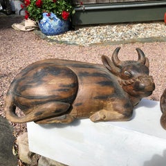 Japanese Antique Glass Eye Temple Bulls Bisons Pair, 19th Century